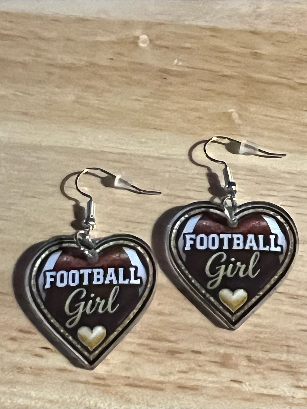 Football Girl Heart Drop Earrings - Brown & Gold E180